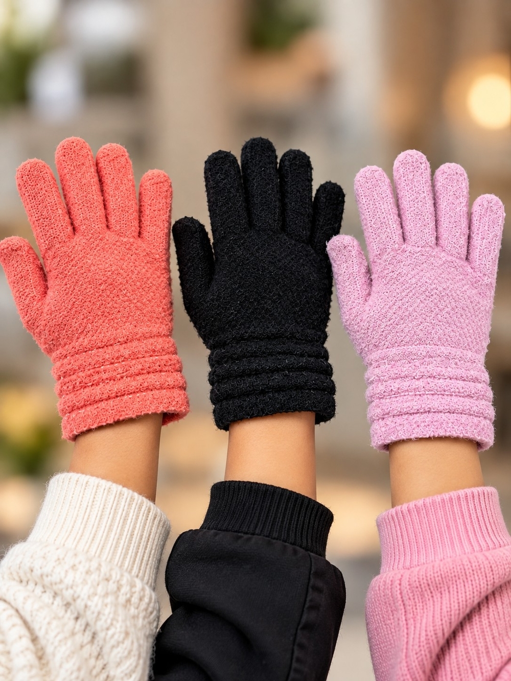 Kids Plush Winter Mittens - Pink, Coral & Black